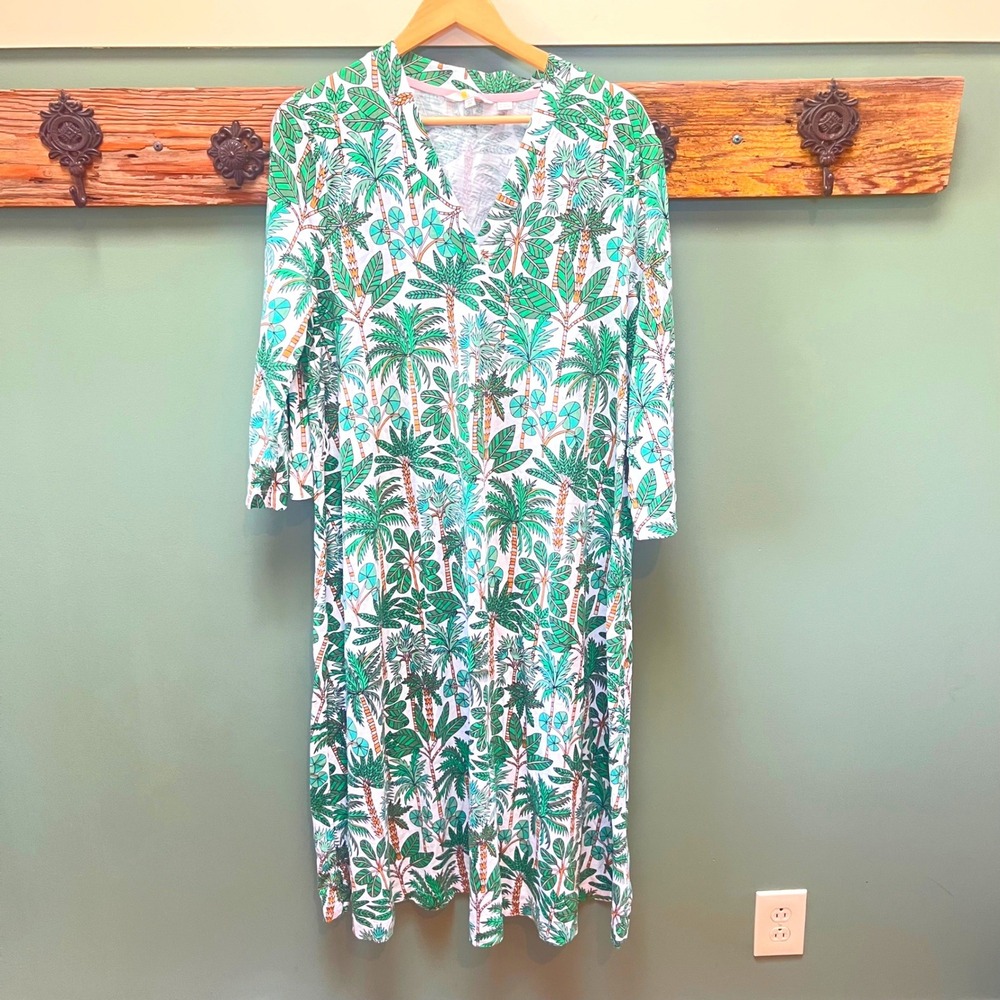 Boden Womens Green White Palm Tree Print V-Neck Cotton Modal Midi Dress 16/18R